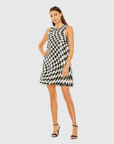 Black and White Sleeveless A-Line Sequin Checkered Mini Dress